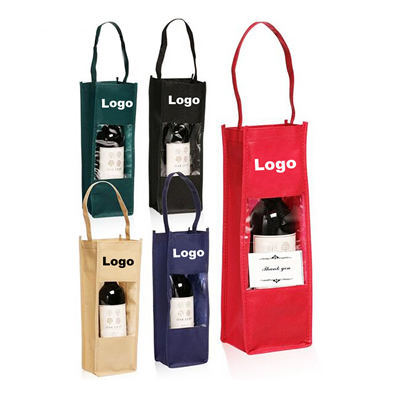 Clear Window Non-woven Single Bottle Wine Totes Reusable Bag