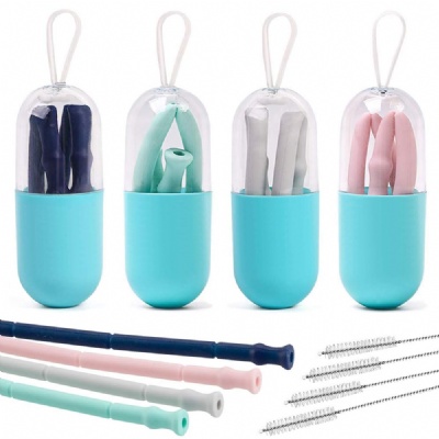 Collapsible Silicone Straws with Case and Cleaning Brush