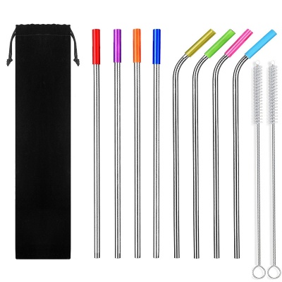 Stainless Steel Straws Silicone Tips w/ Cleaning Brush Pouch