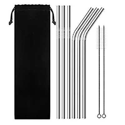 Stainless Steel Straws w/ Cleaning Brushes Velvet Bag